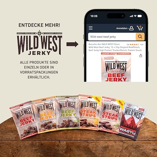 Wild West Beef Jerky, Mix Box 60g, 10er Pack + Sportsbag, 2x Original, 2x Honey BBQ, 2x Jalapeno, 2x Steak Strips Original, 2x Steak Strips Honey BBQ - Beef Jerky high Protein Trockenfleisch