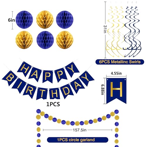 Image of Blue Birthday Decorations, Happy Birthday Banner with Honeycomb Balls, Circle Dot Garland and Hanging Swirl Decorations for Women Men Boys Girls (Blue Gold)