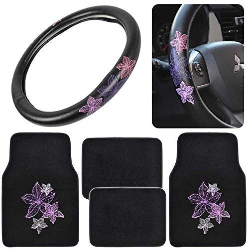 Pretty Rugs Gift Pack - Matching Flowers Design - Black Carpet Floor Mats w/Synthetic Leather Grip Steering Wheel Cover