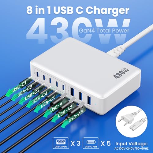 Feob 430W Chargeur USB Multiple, 8 Ports GaN Ⅳ Tech PD 100W Chargeur Rapide QC PPS Prise USB C Multiple Station de Charge Compatible avec MacBook Pro/Air Laptop, iPhone, iPad Pro,Galaxy, SteamDeck Feob 430W Chargeur USB Multiple, 8 Ports GaN Ⅳ Tech PD 100W Chargeur Rapide QC PPS Prise USB C Multiple Station de Charge Compatible avec MacBook Pro/Air Laptop, iPhone, iPad Pro,Galaxy, SteamDeck