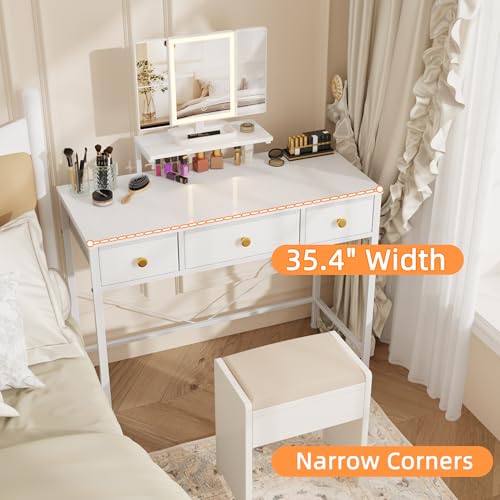 Image of HIGDBFE Small Makeup Vanity Desk 35''W with Mirror and Lights, 3 Drawers | USB Lighted Mirror, Height-Adjustable Stand, Fabric Drawers, Girls /Kids Gifts, Bedroom, Small Space, Dorm, White