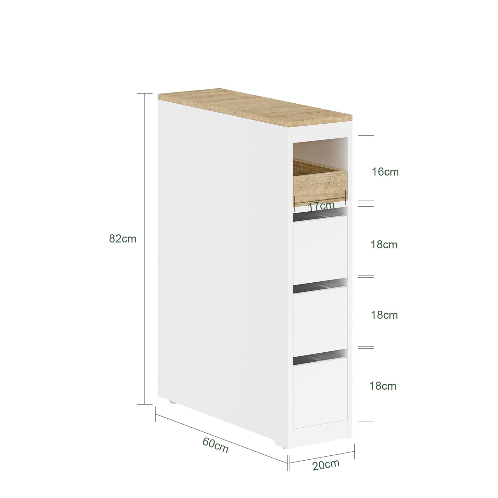 SoBuy Mueble Estrecho con Ruedas de 20cm, Muebles Auxiliares de Baño con 3 Cajones, Organizador Baño Armario para WC y Cocina, 60x20x82,3cm Blanco | Armario de baño estrecho de madera compacto para inodoro pequeño y cocina, color blanco, BZR54-K-W