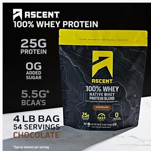 Image of Ascent 100% Whey Protein Powder - Post Workout Whey Protein Isolate, Zero Artificial Flavors & Sweeteners, Soy & Gluten Free, 5.5g BCAA, 2.6g Leucine, Essential Amino Acids, Chocolate 4 lb