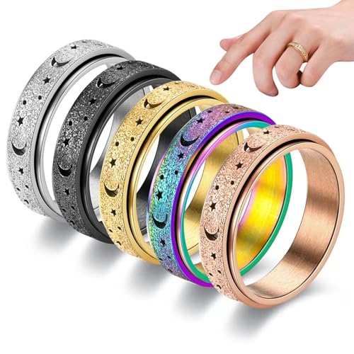 ZXTGBQ 5 Pcs Ansiedad Anillos,Vintage Estrella Luna Giratorios Anillos set de aleación para Mujer Hombres, Estrés Ansiedad Aliviar Antiansiedad Boda Anillo Compromiso, Diámetro 19,9 mm