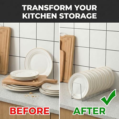 Image of Kitchen Organizer Metal Dish Rack Cutting Board Holder Stand for Countertop or Inside Cabinet Organization, 8 Slot Cutting Board Plate Drying Rack for Bakeware Storage SLIVER