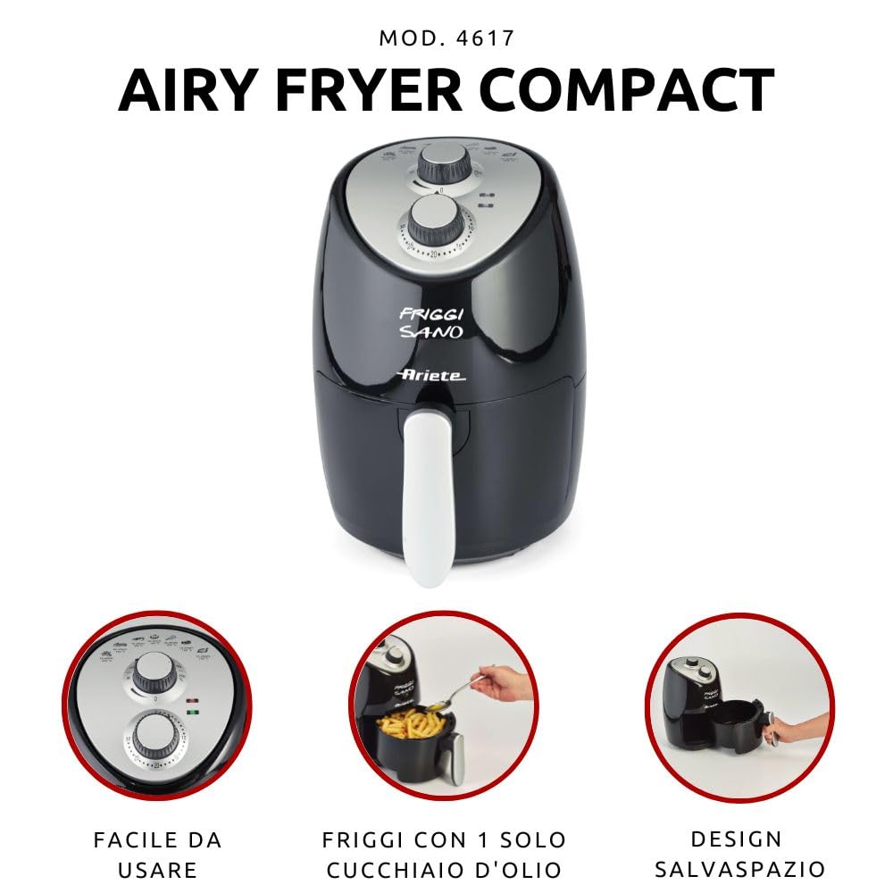 Ariete 4617, Airy Fryer Compact, Friggitrice Ad Aria, Capacità 2 L, 1000 W, Temperatura Max 200°C, Nero