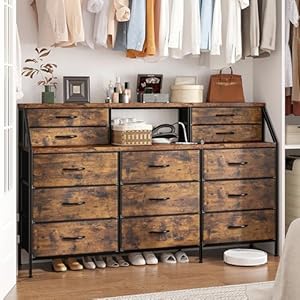 EnHomee 55”W Dresser for Bedroom, Dresser with 13 Large Drawer, Dressers & Chests of Drawers, Dressers with 2 Shelves, Bedroom Dresser, Long Dresser for Closet, Wooden Top Metal Frame Rustic Brown EnHomee 55W Dresser for Bedroom Dresser with 13 Large Drawer Dressers Chests of Drawers Dressers with 2 Shelves Bedroom Dresser Long Dresser for Closet Wooden Top Metal Frame Rustic Brown