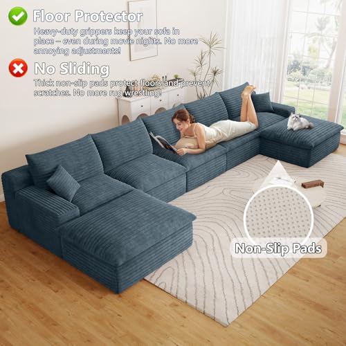 Image of 165 inch Cloud Couch Modular Sectional Sofa for Living Room, U-Shape Boneless Couch with Deep Seat, Modern Corduroy 5-Seater with Ottomans, No Assembly Required, Blue