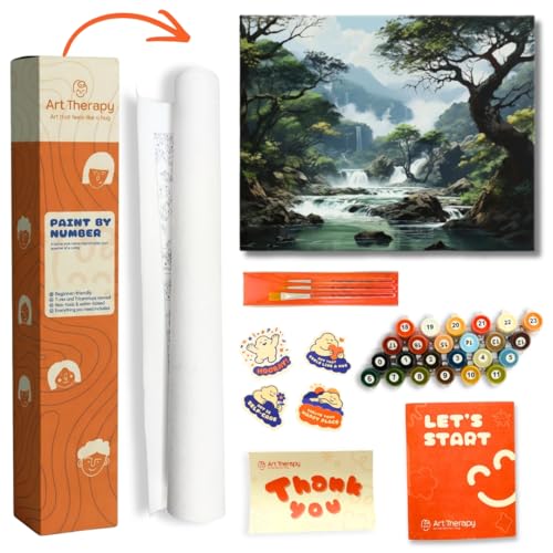 Image of Art Therapy Pcn29 Linen Canvas DIY Paint by Numbers Kit 15 x 20 Inch for Adults and Kids with 2 Set of Acrylic Oil Painting Colors with Brushes for Stress Relief & Home Decoration (Hidden Falls)