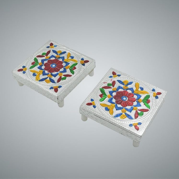 Image of Handcrafted Meenakari Wooden Chowki Puja Bajot - Traditional Decorative Stand for Home Temple, Pooja & Festival Decor (Multicolor)