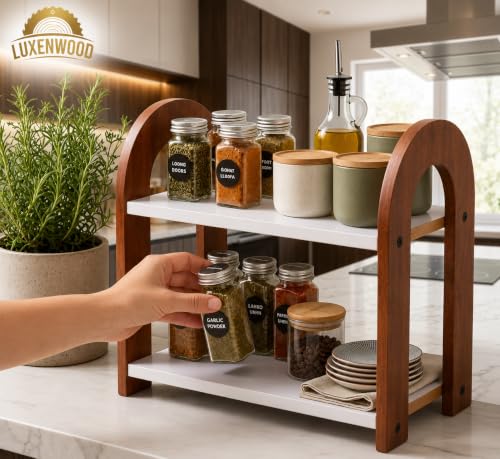 Image of 2 Tier Wooden Kitchen Counter Organizer Rack | Multipurpose Countertop Shelf for, OTG, Coffee Maker, Spice Jars & Kitchen Storage | Space Saving Stand | Brown & White | 12 x 10 Inch