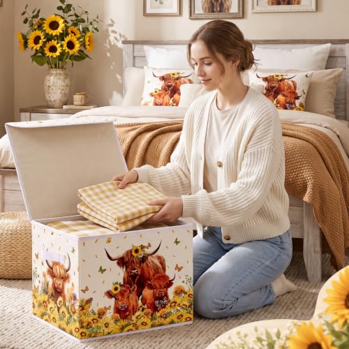 Image of Briwooody Highland Cow Storage Bin with Lid and Carrying Handle Sunflower Cow Foldable Storage Box Large Farm Cattle Decorative Collapsible Container Basket for Organizing Closet Home Bedroom Gift
