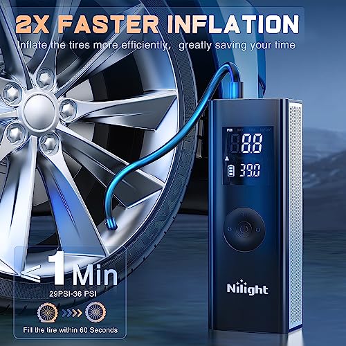 Image of Nilight Tire Inflator Portable Air Compressor Battery Powered Rechargeable 12VDC 150PSI Cordless Tire Pump w /Digital Pressure Gauge 2X Faster Inflation Air Pump for Car Motorcycle
