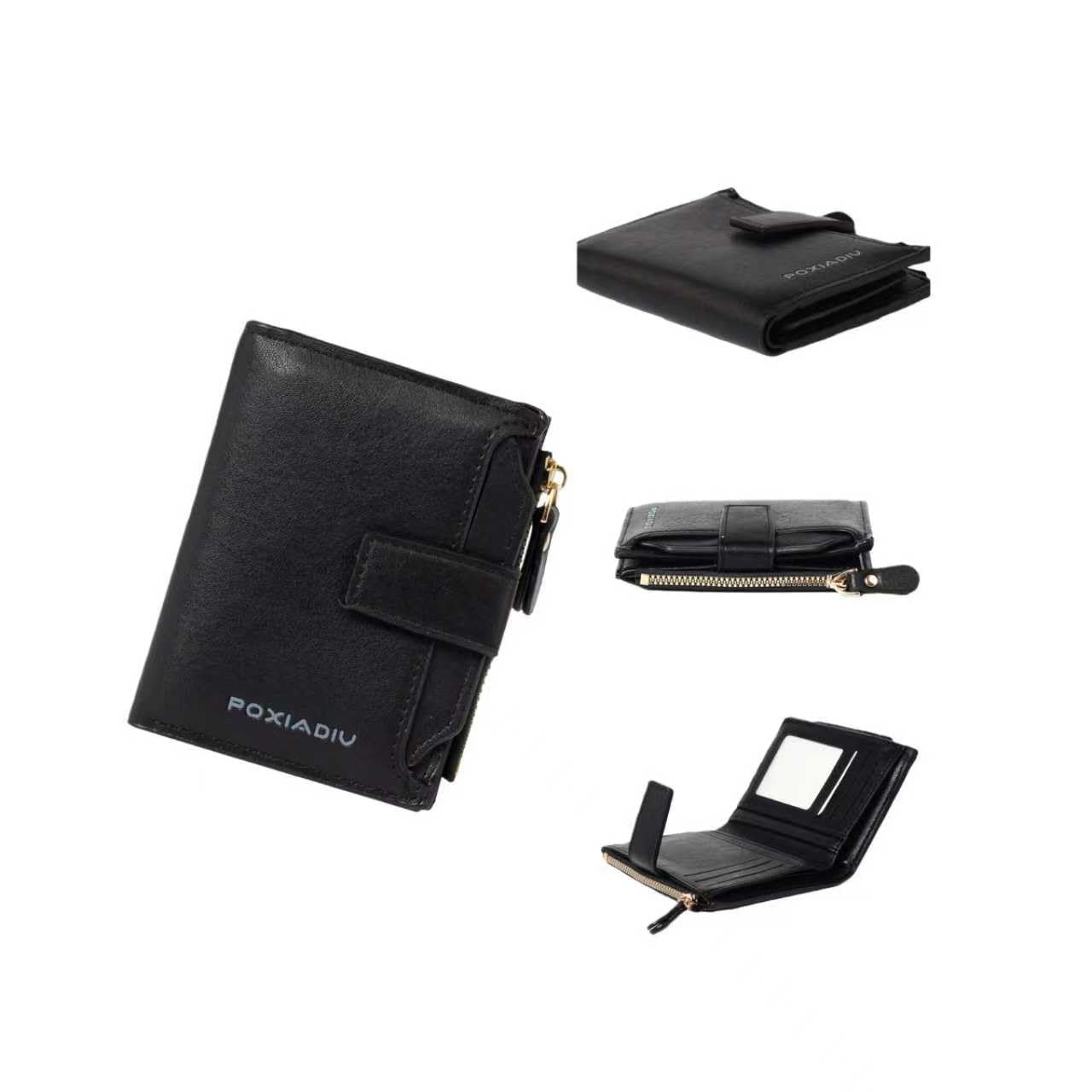 POXIADIV Women's Small Leather RFID Blocking Bifold Zipper Pocket Wallet Ladies Credit Card Slots Purse with id Window（Black）