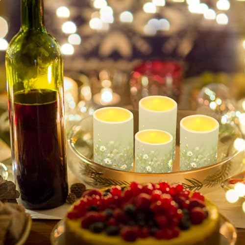 Image of Flameless Candles Battery Powered LED Pillar Candles Tealights with Remote Timer Color Changing Control for Indoor Outdoor Home Tabletop Decoration Set of 4, Daisy Floral Green
