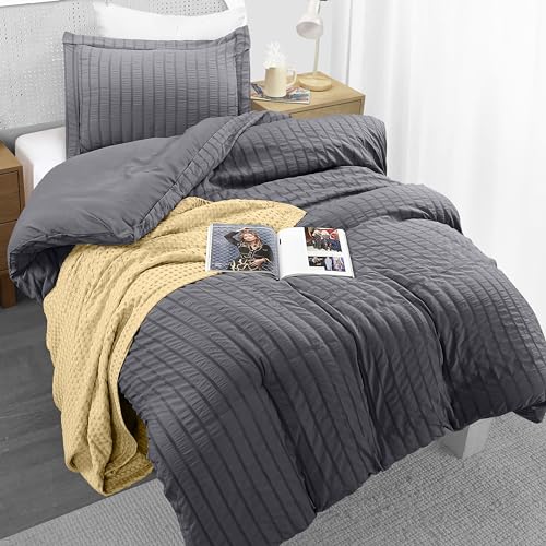 Utopia Bedding Seersucker Duvet Cover Twin Size - Soft Textured Duvet Cover with 1 Pillow Shams - Striped Comforter Cover 68 x 90 Inches with Zipper Closure (Grey) - Comforter Not Included - Thumbnail 3