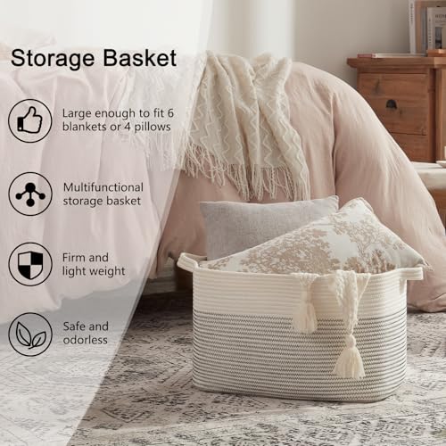 Image of OIAHOMY Large Blanket Basket, 65L Cotton Rope Woven Laundry Basket, Toy Bin for Baby Room, Container for Blanket Storage in Living Room, 20''x16''x12'', Black & White