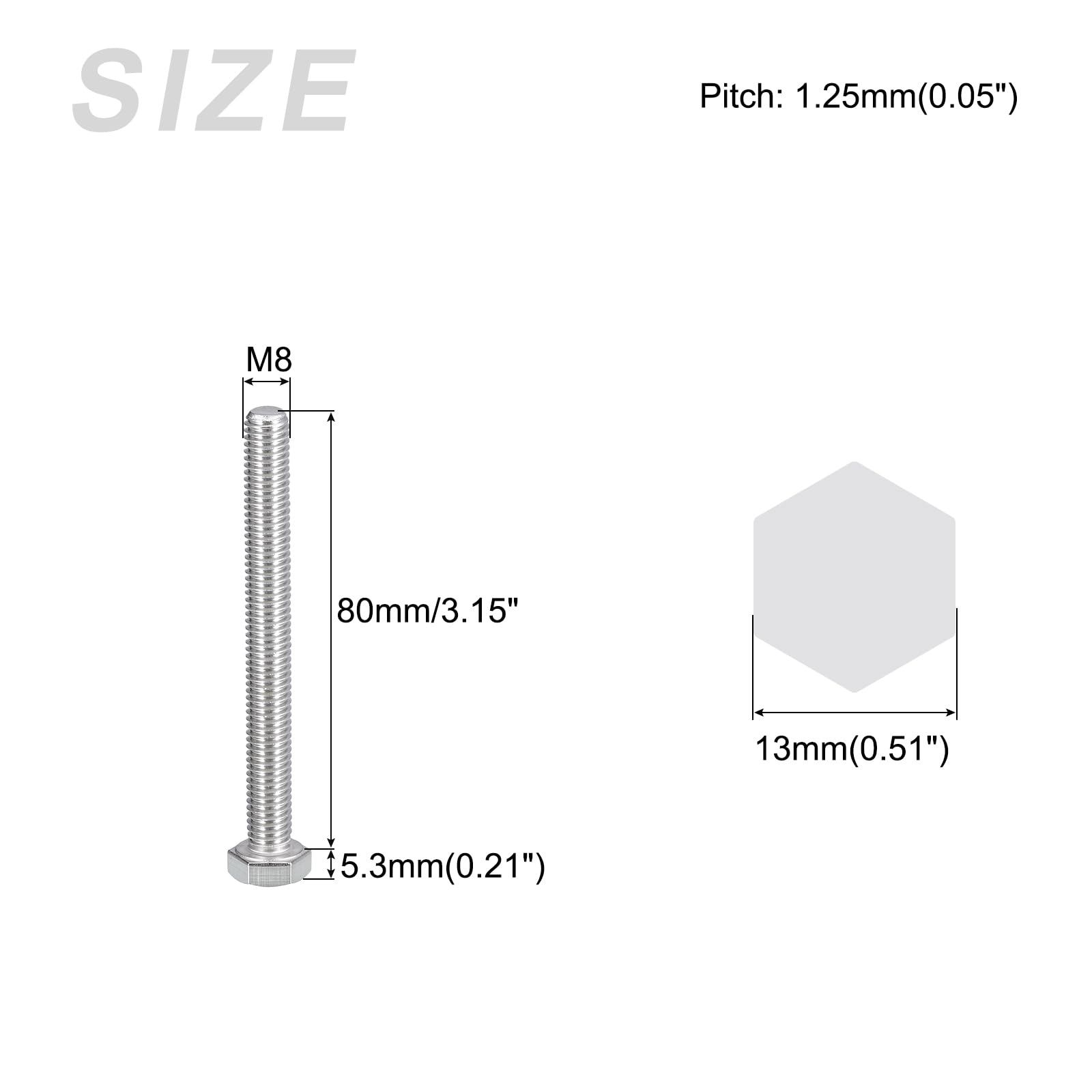 METALLIXITY Hex Bolts (M8-1.25x80mm) 6Pcs, 304 Stainless Steel Coarse Fully Threaded Hex Head Screw Bolt Machine Screws - Image 2