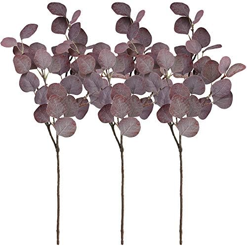 Supla 3 Pcs Faux Eucalyptus Leave Branches Red Burgundy Artificial Silver Dollar Eucalyptus Stems Plants for Floral Arrangement Centerpiece Fall Autumn Wedding Shower Indoor Outdoor Décor