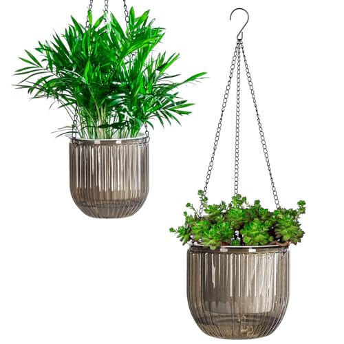 Josteve 5.2/8.2 Inch 2 Pcs Self Watering Hanging Planter Indoor Plant Pots Drainage Holes, Outdoor Small Hanging Planters Flower Pot Basket, Visible Water Level, Plant Hanger Home Decor, Gardening