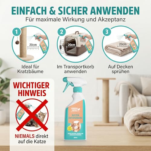 Green Hero Entspannungsspray 500 ml für Katzen enthält beruhigende Duftstoffe wie Baldrian, Lavendel und natürliche Katzenminze für Wohlbefinden und Entspannung
