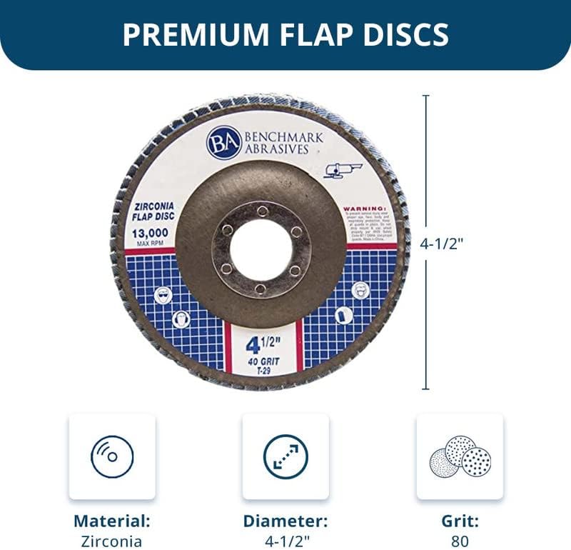 Benchmark Abrasives 4.5" Premium Zirconia Type 29 Flap Discs Grinding Wheels for Sanding Stock Rust Removal Finishing Grinding Deburring Stainless Steel, 7/8" Arbor (10 Pack) - 80 Grit