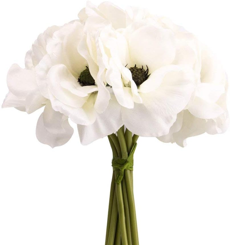 Silk White Anemone Bouquet Home Furnishing Decorative Flowers 3.9" bloomx9.4 Tall