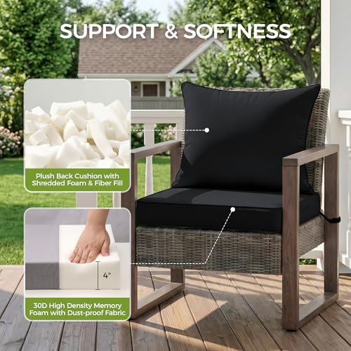 Image of UNIKOME 24 inchx24 inchx4 inch Outdoor Chair Cushions Set - Waterproof Patio Cushions for Outdoor Furniture with Removable Cover, Ties & Handle, Deep Seat Patio Cushions for Sofa Couch - Black