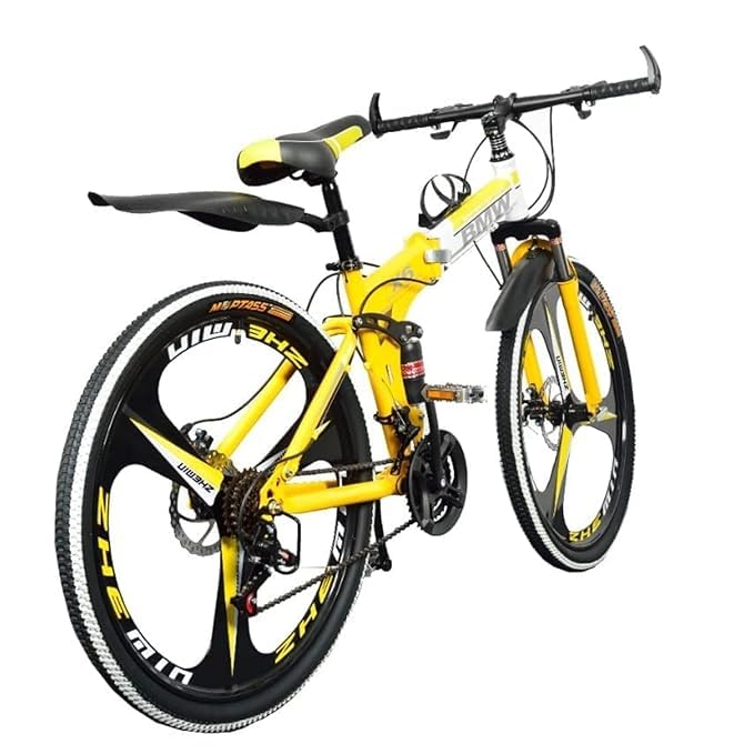 Image of Amaze Kai Dual Suspension Bikes Bmv Foldable Gear Cycle for Men with 21 Speed Gear 3 Spoke | Folding Mountain Bike with Double Disc Break & Mac Wheel, 26 Inch (Yellow)