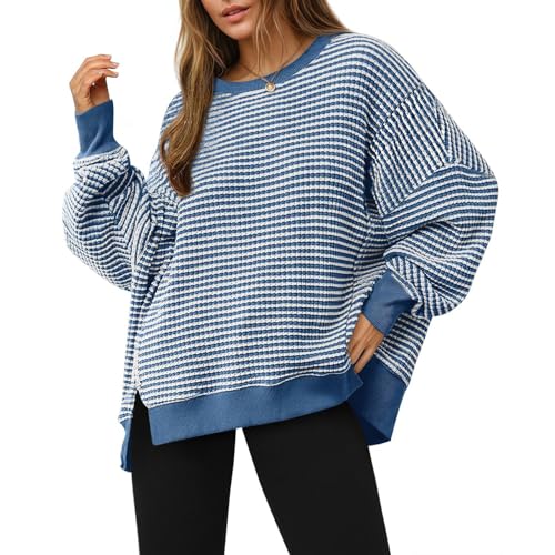 Women's Fall Oversized Sweatshirt Casual Waffle Knit Long Sleeve Crewneck Sweater Fall Fashion Split Pullover Tunic Tops