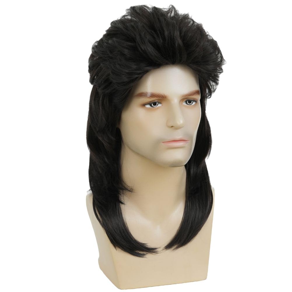 Schwarz Vokuhila Perücke 80er Herren Mullet Perücken 70er Gelockt Cosplay Kostüm Hitzebeständige Faser Haare Perücken für Disco Rocker Partei Halloween Verwenden