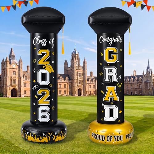 Jenaai 2pcs 4.9ft 2026 Inflatable Graduation Decorations Large Bachelors Cap Blow up Decor Black Gold Grad Inflatable Decor Congrats Grad Blow up Yard Sign for Lawn Party High School College
