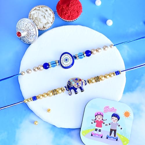 Image of CraftVatika Designer Rakhi for Brother Set of 2 Evil Eye and Blue Elephant With Gift Combo for Brother Bhaiya,Men, women, Boys , Girls, Rakhi for Boys Mens Couple Rakhis for Bhaiya Pair for Bro, Fridge Magnet for Home decor With Greeting Card, Tilak set