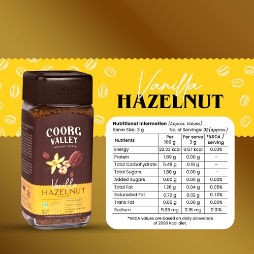 Image of Coorg Valley Vanilla Hazelnut Instant Coffee 100g | Flavoured Coffee | Premium Blend of Robusta & Arabica | Freeze Dried | Make Cafe Style Hot & Cold Coffee at Home