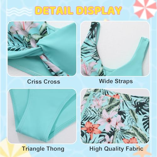 Image of Weixinbuy Girl's 3 Piece Swimsuit Teen Swimwear Tropical Print Twist Cross Bikini Bathing Suit with Cover Up Shorts Size 9-16
