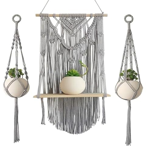 BLUETTEK 3Pcs Macrame Wall Hanging Floating Shelf Set, Handmade Wooden Woven Cotton Cord Hanging Shelf Organizer Hanger Cover