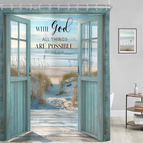 Riyidecor Beach Bible Verse Shower Curtain Blue Barn Door Inspirational Quotes Coastal Ocean Rustic Scenery Farmhouse Wood 60Wx72H Inch Nature Fabric Decor Bathroom Polyester Waterproof 12 Pack Hooks - Image 3