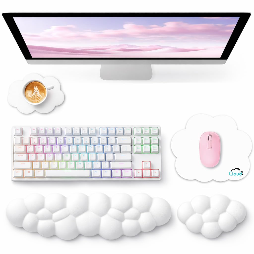 Sushret Cloud Wrist Rest for Computer Keyboard, 4-in-1 Memory Foam Leather Cloud Keyboard Wrist Rest and Mouse Pad Set with Ergonomic Support for Arm and Palm Cushion, Gaming/Work Setup, White โ image 1