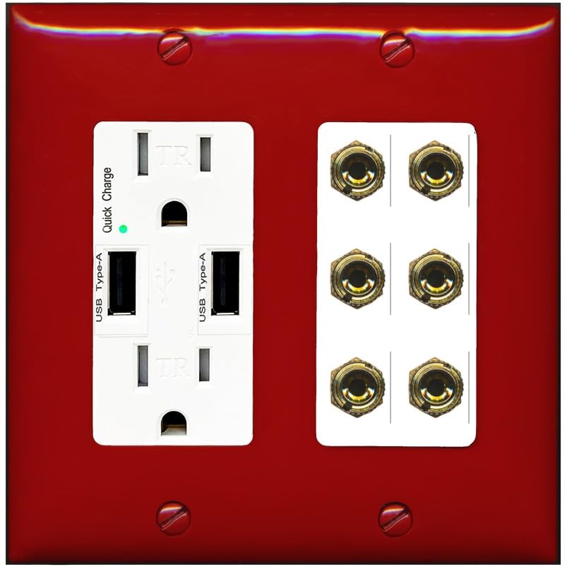 RiteAV 6 Banana 3 Speaker Surround Female Coupler Binding Post Wall Plate - USB Outlet [Ivory/White]
