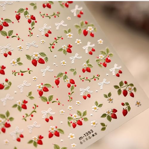 Image of Strawberry Nail Stickers Bow Nail Art Stickers with Jelly Design Cute Nail Decals for Nails Art 5D Embossed Spring Summer Self Adhesive Nails Charms Supply for Women Manicure DIY Decoration 1 Sheets