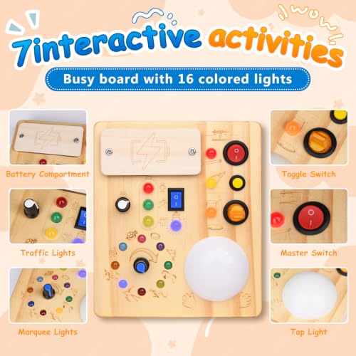 Image of Montessori Busy Board for Toddlers 1-3 Years Old, Wooden Sensory Board with LED Lights, Interactive Activity Toy with Switches, Travel Toy Gift for Boys Girls