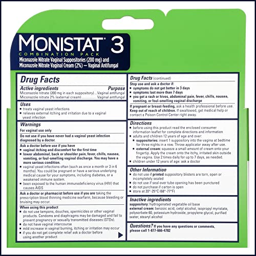 monistat 3-day yeast infection treatment for women 3 miconazole vaginal suppositories amp external itch relief cream 9g tube combo pack