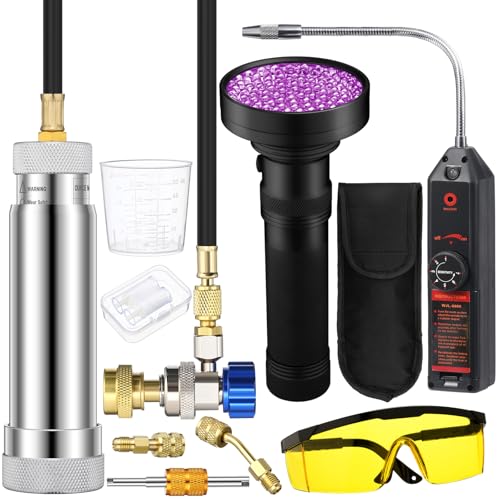 Tellegloww AC Leak Detector Kit, R1234yf R134a R410a AC Oil UV Dye Injector Kit Refrigerant Leak Detector Tool Low Side Quick Coupler Mini Split Adapter Glasses Flashlight(Practical)