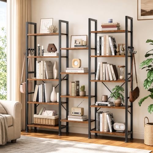 Image of Furologee Triple Column 5 Tier Bookshelf, Large Bookcase with 14 Display Shelves, Adjustable Book Shelf with 6 Hooks, Rustic Bookshelves Storage Organizer, Shelving Unit for Living Room, Bedroom