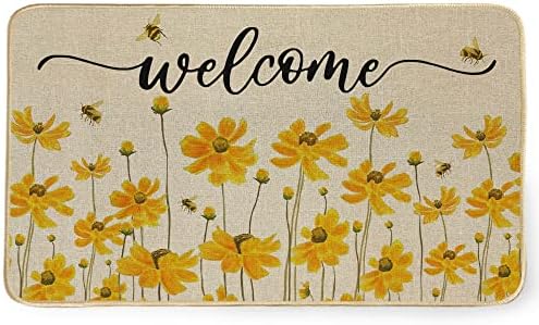 GEEORY Coreopsis Welcome Decorative Door Mat Honeybee Decorations Floor Mat Spring Summer Farmhouse Home Seasonal Decor for Frontdoor Indoor Outdoor Entrance - 17X29Inch GK003