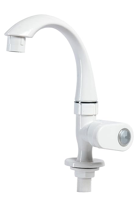 MHS PTMT Plastic Tap Cock Royal Knob Series Knob Having Foam Flow with Wall Flange Quarter Turn Operated Ceramic Cartridge Inside for Hot and Cold Water (Table Mount Swan Neck Pillar Cock, 1)