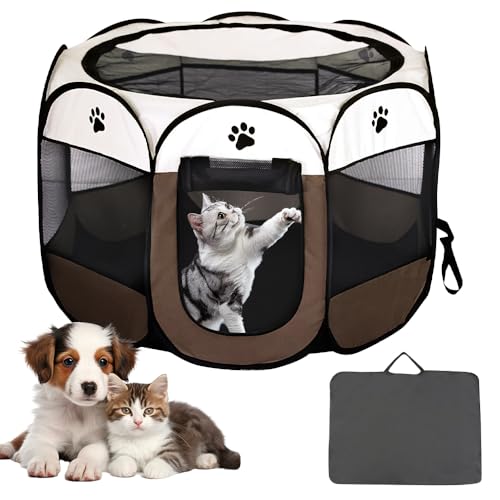KQWVZ Box Pieghevole Per Animali Domestici, Box Per Gatti, Box Per Cani Piccoli, Box Cani Per Interno, Recinto Pieghevole PerCani, Boxs per Cuccioli per Piccoli Animali, 74 x 74 x 43 cm (Marrone)