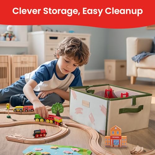 tiny land 110pcs wooden train set with folding storage box wooden train track toy for boys amp girls age 3-7 includes convenient storage