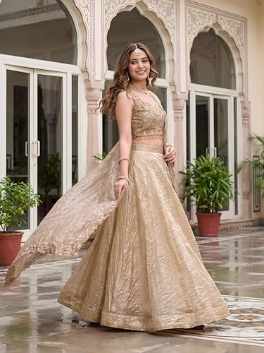 Image of Zeel Clothing Women's Zari Sequins Embroidered Work Crush Silk Lehenga Choli With Dupatta (5136-Golden-Women-Lehenga-Choli-Latest; Free size)