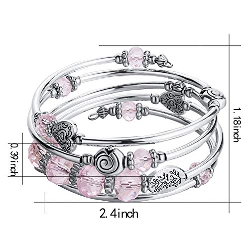 Bead Crystal Wrap Bangle Bracelet - Fashion Jewelry Pearl Bracelet with Silver Metal, Gifts for Women (Pink) - Thumbnail 3